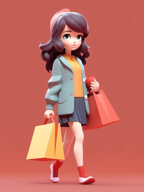 ilustração 3D renderização em 3D de uma garota segurando uma sacola de compras