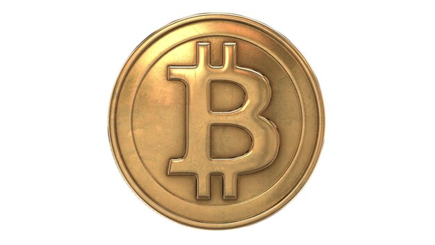 Ilustração 3D renderizada de ouro Bitcoin isolado no fundo branco. Ilustração 3D de alta qualidade