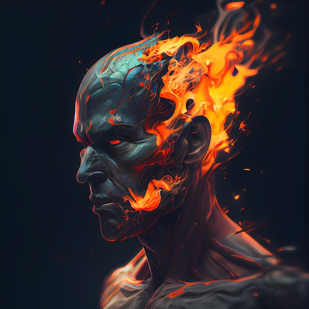 Ilustração 3d renderizada de um homem com fogo na cabeça
