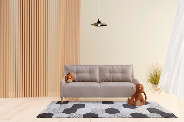 Ilustração 3d renderizada de uma aconchegante sala de estar com decoração de painel de parede