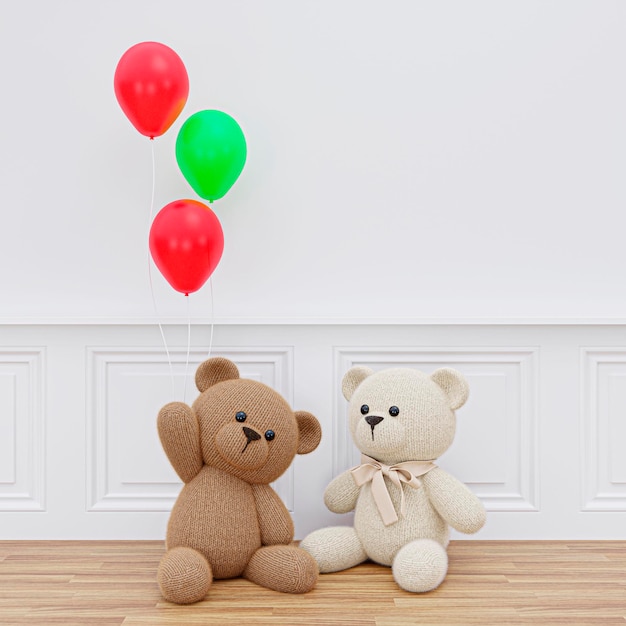 Foto ilustração 3d renderizada de uma sala de parede branca mínima com ursos de brinquedo e balões