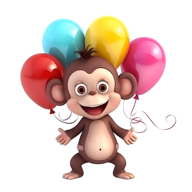Ilustração 3D renderizada do personagem de desenho animado Macaco com balões em fundo branco