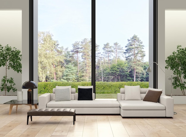 Ilustração 3D renderizando grandes interiores modernos e brilhantes de luxo, maquete de sala de estar, imagem gerada digitalmente