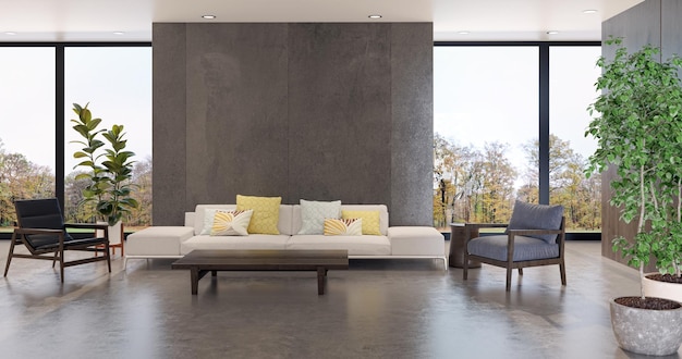 Ilustração 3D renderizando grandes interiores modernos e brilhantes de luxo, maquete de sala de estar, imagem gerada digitalmente