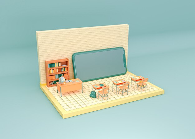 Ilustração 3d. sala de aula da escola com um smartphone na frente. conceito de e-learning e educação online