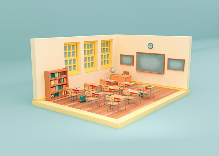 Foto ilustração 3d. sala de aula vazia