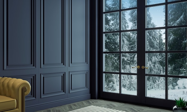 Ilustração 3d. sala de estar com painéis clássicos de madeira azul e janela no inverno