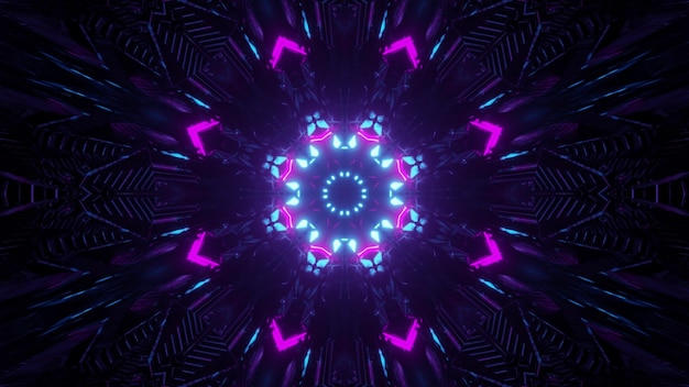 Ilustração 3d sci fi fundo abstrato com néon brilhante colorido padrão geométrico na escuridão com traços de luzes criando efeito de movimento
