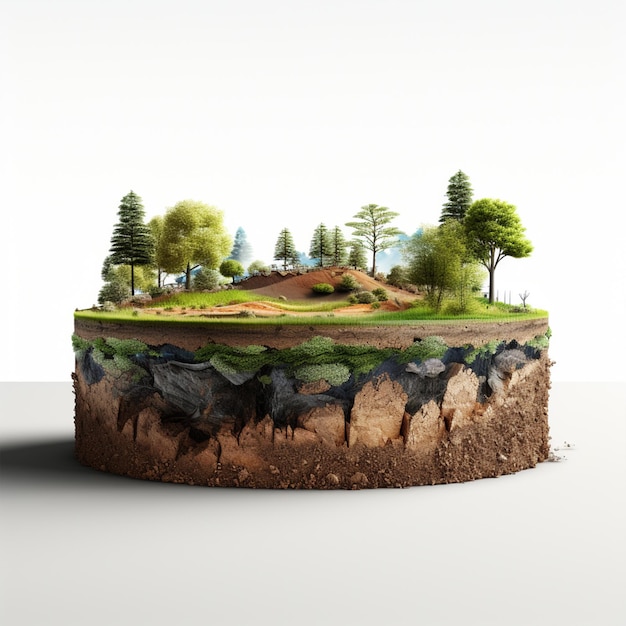 Foto ilustração 3d seção transversal redonda do solo com terra e grama verde renderização 3d realista