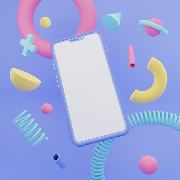 Ilustração 3d smartphone colorido com tela em branco do símbolo abstrato do ornamento de memphis