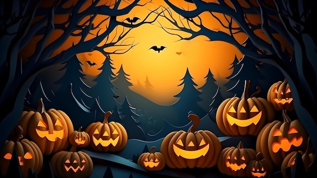 Ilustração 3D tema do dia de Halloween da noite de terror em estilo de arte de papel no quadro de fundo da floresta escura
