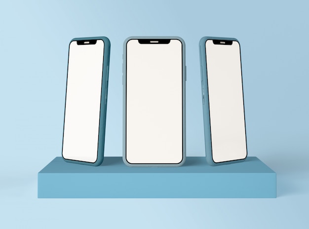 Ilustração 3D. Três smartphones com tela branca em branco.