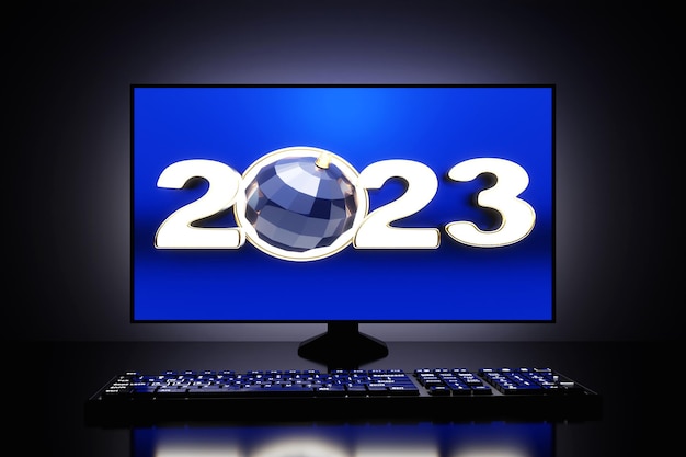 ilustração 3D um jogador de um computador pessoal poderoso com um monitor de desktops na forma de um cartão de felicitações de ano novo com 2023O conceito de ano novo e Natal no campo de TI