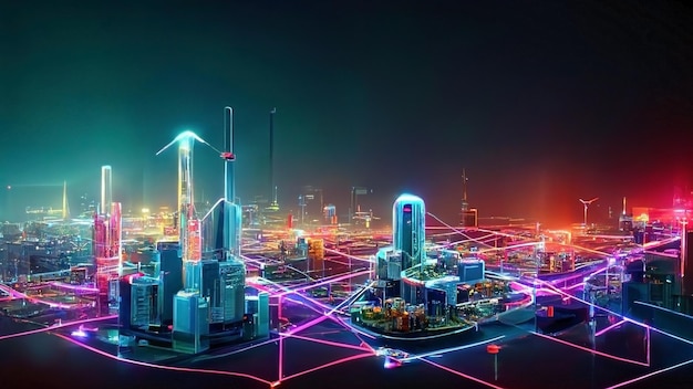 Ilustração 3D Uma cidade futurista de neon de forma isométrica O conceito de conectar dispositivos