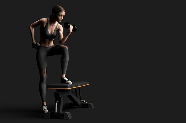 ilustração 3d Uma jovem 3d fazendo exercício no conceito de fundo preto de vida saudável 3D Render