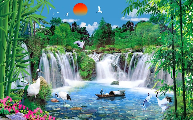 Ilustração 3D Uma vista natural deslumbrante com vegetação exuberante, cachoeiras fluentes e majestade