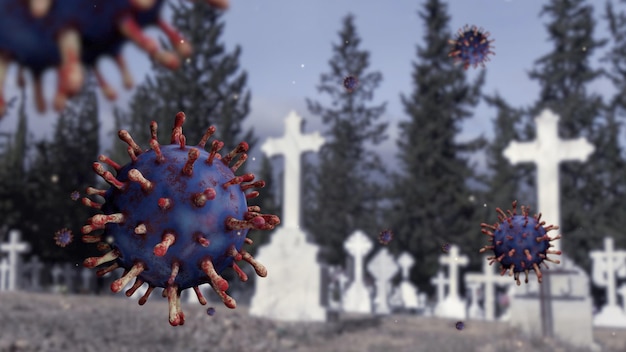 Ilustração 3d variante omicron coronavírus flutuando sobre túmulos em um cemitério com lápide na espanha. um cemitério rural espanhol durante o conceito de infecção pelo vírus covid19 da gripe pandêmica.