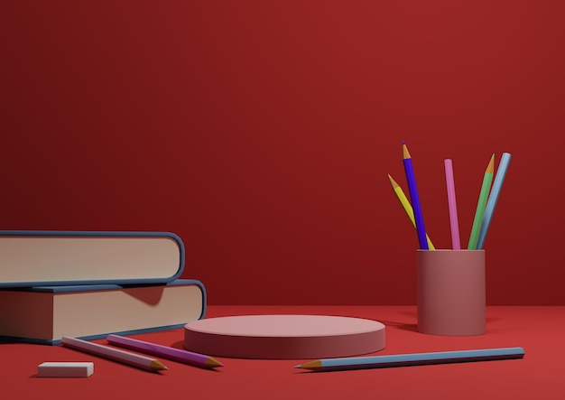 Ilustração 3D vermelha escura de volta ao pódio de exibição de produtos escolares fique do lado com lápis e livros