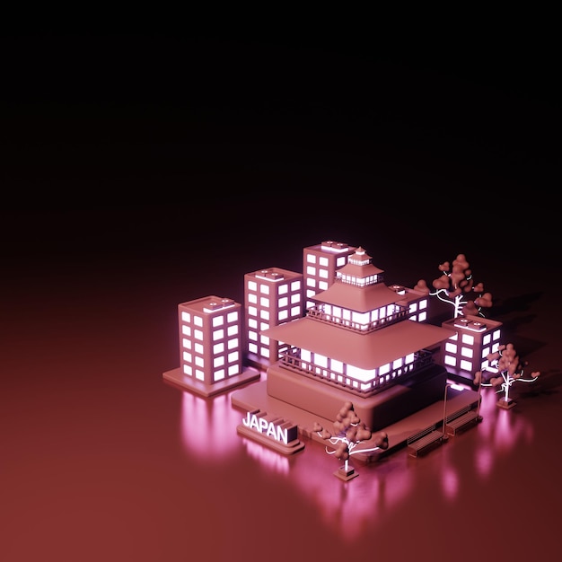ilustração 3D Vista da cidade do Japão e construção simples em estilo de luz neon