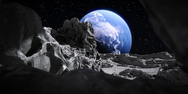 Ilustração 3D Vista do planeta Terra a partir da superfície da LuaElementos desta imagem fornecida pela NASA