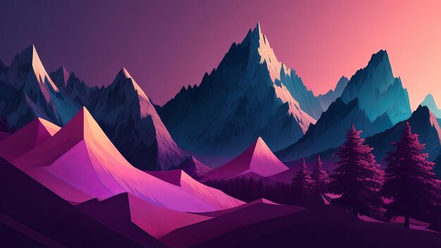 Ilustração 4k árvores de montanha abstratas Quadro de arame digital fundo abstrato colorido IA geradora