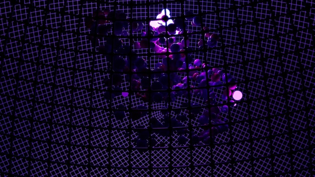 Ilustração 4K UHD 3D de bola de malha escura abstrata com um monte de pequenos globos brilhando com luz neon