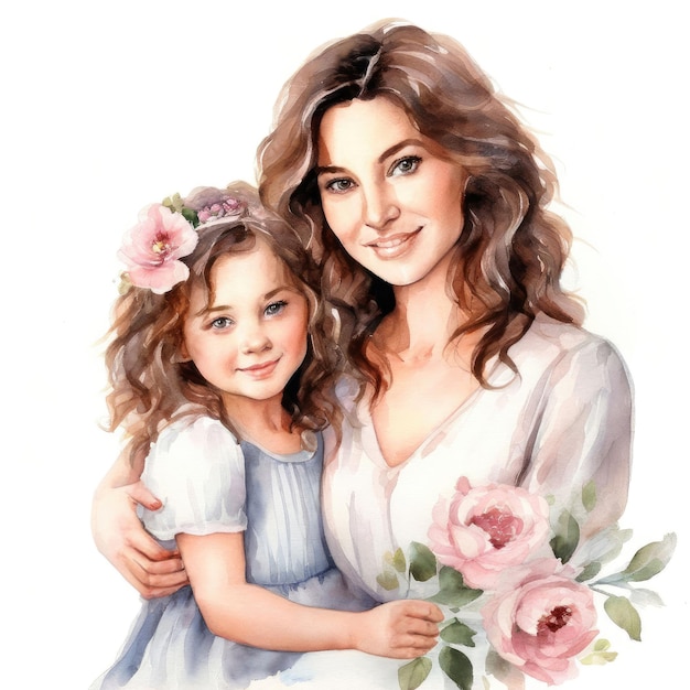 Ilustração a aquarela da mãe e da filha para o Feliz Dia da Mãe