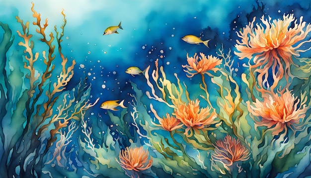 Foto ilustração a aquarela de algas e peixes subaquáticos fantásticos belas conchas de águas-vivas em