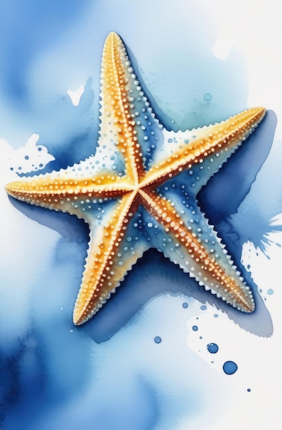 ilustração a aquarela de estrelas-do-mar em tons azuis e amarelos em fundo branco vida selvagem marinha