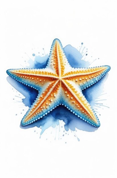 ilustração a aquarela de estrelas-do-mar em tons azuis e amarelos em fundo branco vida selvagem marinha