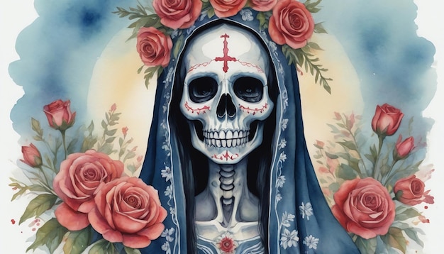 Ilustração a aquarela de La Llorona e o crânio de La Santa Muerte com flores