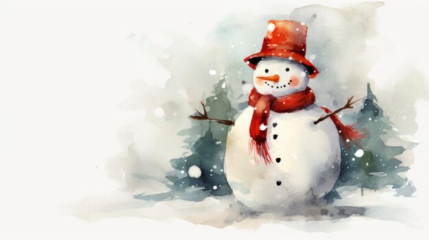 Foto ilustração a aquarela de um boneco de neve com chapéu e lenço ia geradora