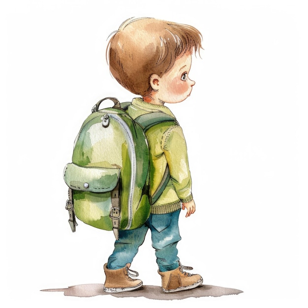 ilustração a aquarela de um menino bonito com mochila indo para a escola