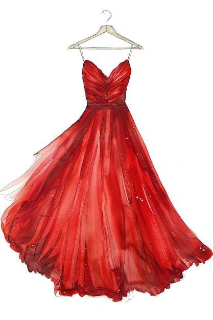 Ilustração a aquarela de um vestido vermelho em um gancho