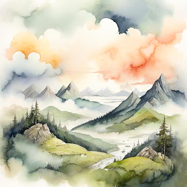 Foto ilustração a aquarela de uma bela paisagem calma pintura de vista panorâmica da natureza