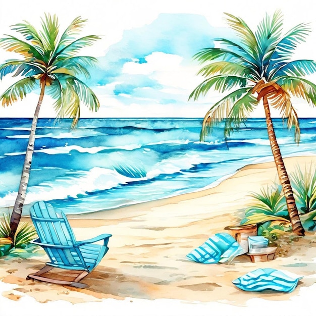 Ilustração a aquarela de uma praia tropical com palmeiras e chaise lounges Pintura a aquarel