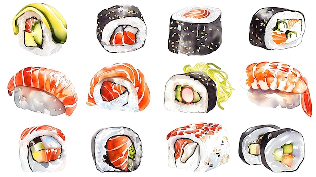 Ilustração a aquarela de vários rolos de sushi
