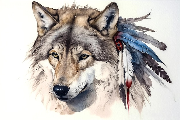 ilustração a aquarela um lobo vestindo penas cerimoniais ai geração