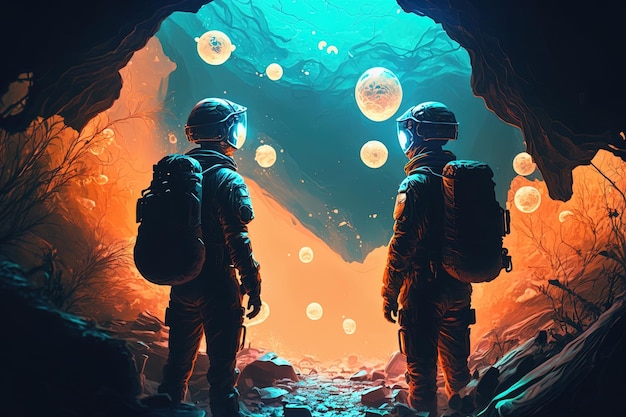 Ilustração à maneira de uma pintura digital retratando astronautas descobrindo luz enigmática