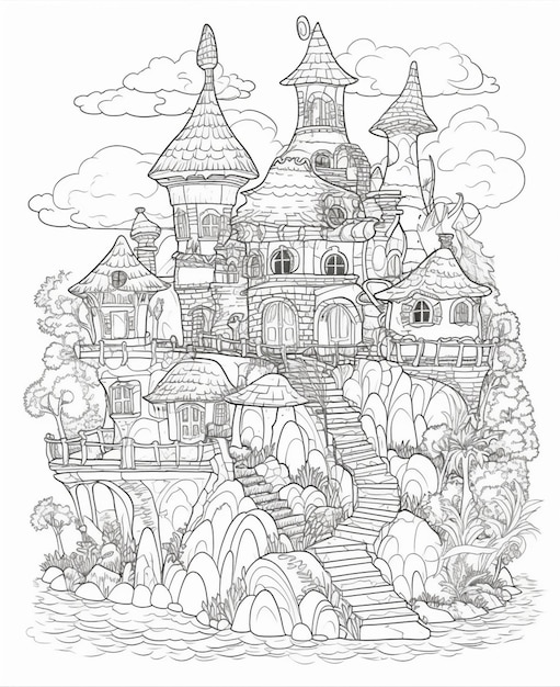 Ilustração a preto e branco de um castelo de conto de fadas em uma colina.