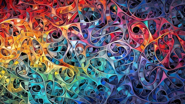 Ilustração abstrata com caminhos serpenteantes e cores vibrantes