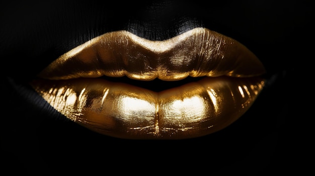 Ilustração abstrata com lábios dourados de luxo, beijo pronto em fundo dourado Lipsy Sexy brilhante com brilho e brilho