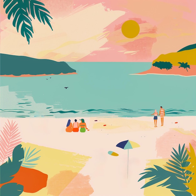 Ilustração abstrata com vibrações de verão e estilo de praia ondulado bandeira de pintura de aquarela abstrata com