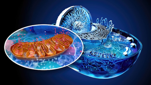Foto ilustração abstrata de 4k da célula biológica e das mitocôndrias