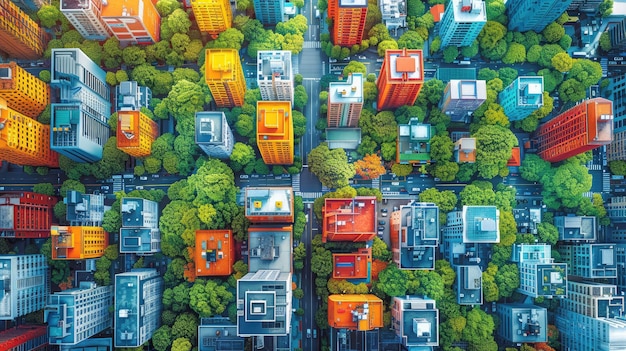 Ilustração abstrata de conceitos de planejamento urbano sustentável, como desenvolvimento misto, bairros para caminhadas e conectividade de transporte público
