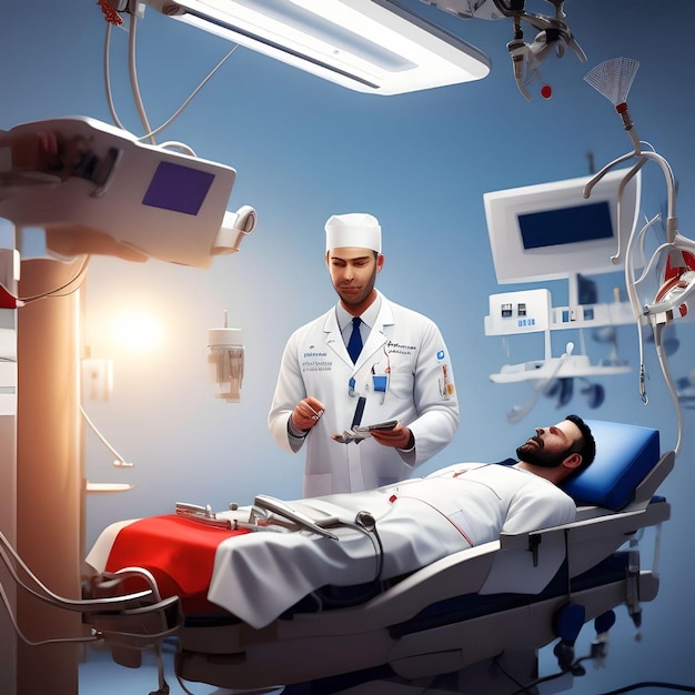 Ilustração abstrata de perfusionista masculino tratando paciente em uma sala de cirurgia cardíaca