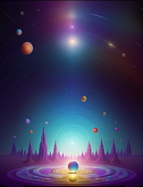 Ilustração abstrata de planetas e estrelas em cores vibrantes
