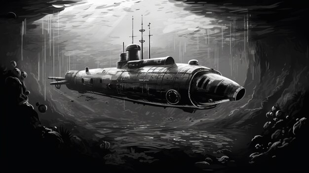 Foto ilustração abstrata de submarino em preto e branco com estilo infantil