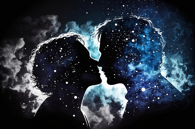 Ilustração abstrata de um casal apaixonado se beijando em um fundo escuro com espaço e estrelas