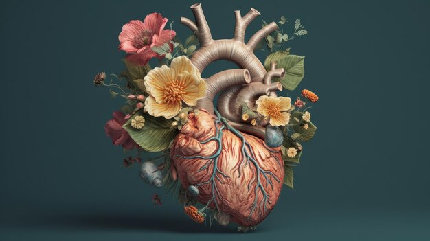 Ilustração abstrata de um coração com flores e folhas Al gerado